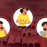 Illustration showing three women experiencing symptoms of gluten ingestion: one with stomach pain, one with fatigue, and one feeling nauseous, set against a digestive tract background.
