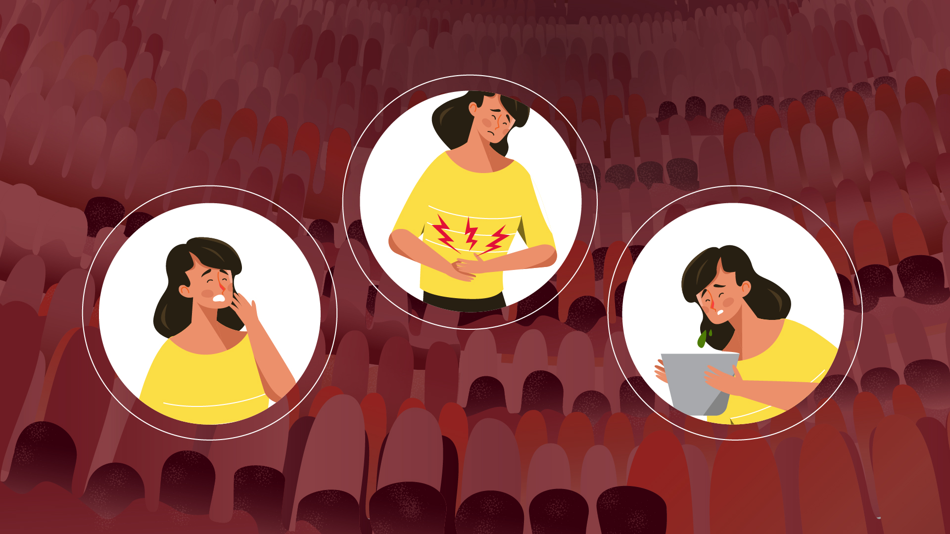 Illustration showing three women experiencing symptoms of gluten ingestion: one with stomach pain, one with fatigue, and one feeling nauseous, set against a digestive tract background.